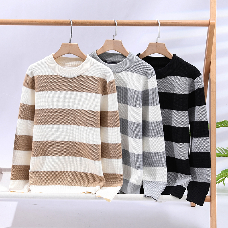 Winter Clothing Patterns - メンズストライプ柄カジュアルニットプルオーバー 2026年冬ファッションセーター メンズ厚手暖かいルーズセーター Oネックメンズトップスウェア