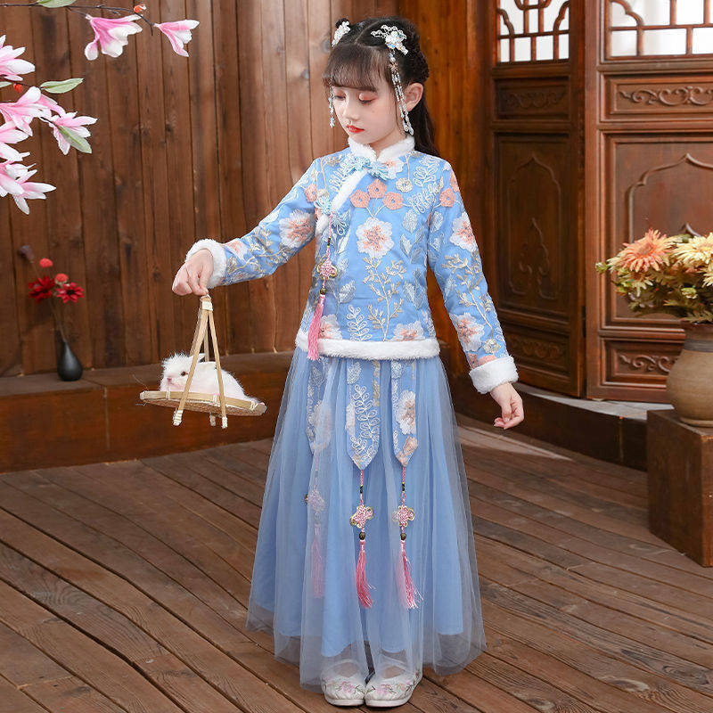 Winter Clothing Baby Girl - 女の子の漢服古代の衣装、子供のステージドレス、ベビータンのスーツ、赤、ピンク、新年の服、厚く、秋、冬、2024