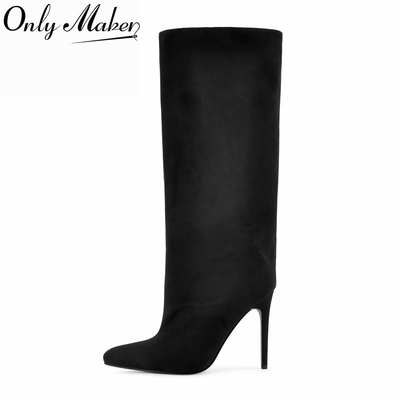 Winter Clothing For Woman - Onlymaker ブラック フェイクスエード ニーハイブーツ ワイドシャフト ポインテッドトゥ