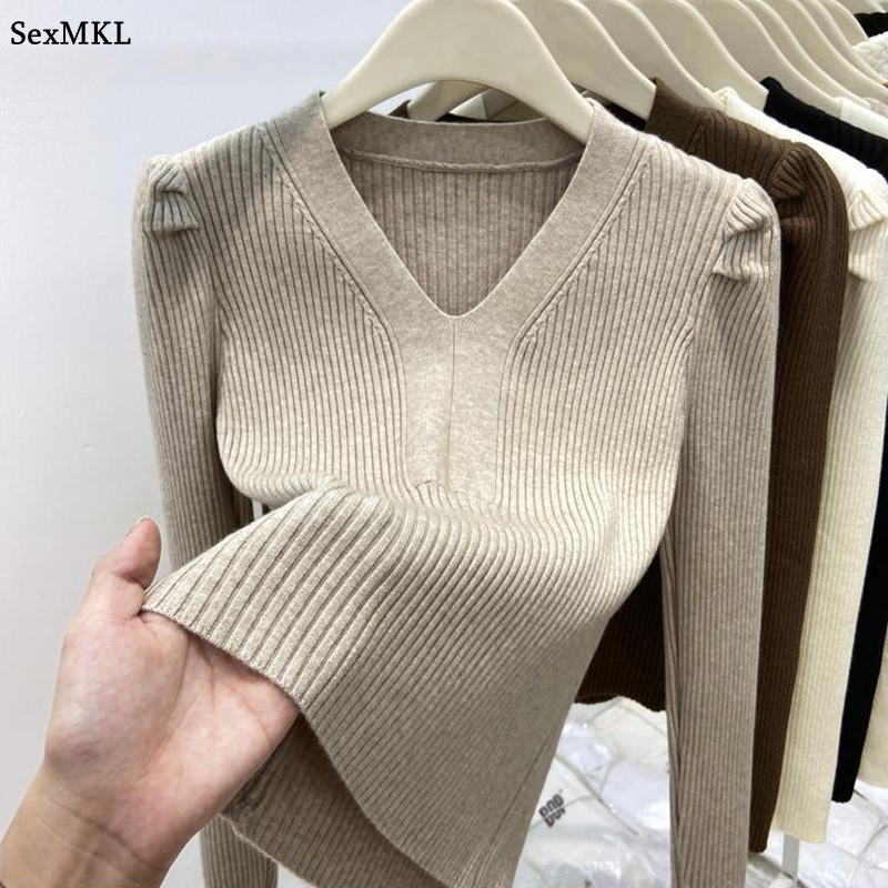 Winter Clothing Factory Outlet - エレガントな V ネック冬のベーシックセーター女性プルオーバーカジュアル長袖 Y2k 服スリムニットウェアジャンパーニット黒トップス
