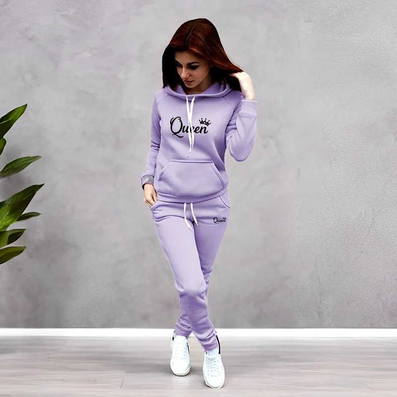 Winter Clothing For Woman - レディーストラックスーツ クイーンレタープリント フード付きスウェットシャツスーツ 高品質ジョギングウェア ファッションカジュアルパンツセット