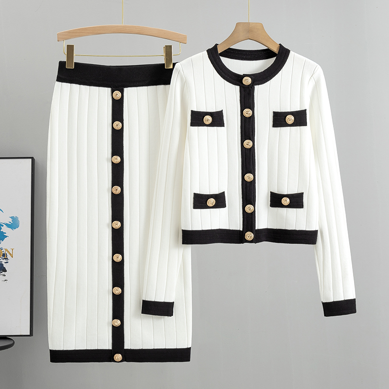 Winter Clothing Sale - 女性の秋と冬の新 O ネックカーディガンニットスカートセット通勤カラーブロックプリント Tシャツハイウエストラップヒップ 2 点セット