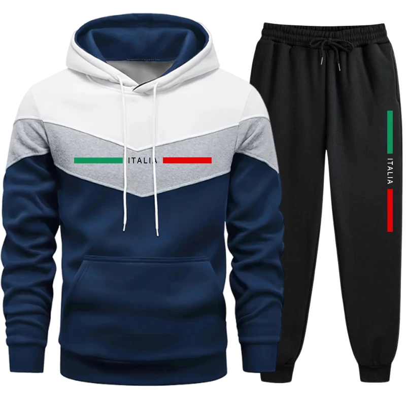 Winter Clothing Outdoor - メンズフーディートラックスーツ 高品質カジュアルトリコロールスプライススウェットシャツ アウトドアスポーツジョギングウェア 秋冬用暖かいスポーツウェア