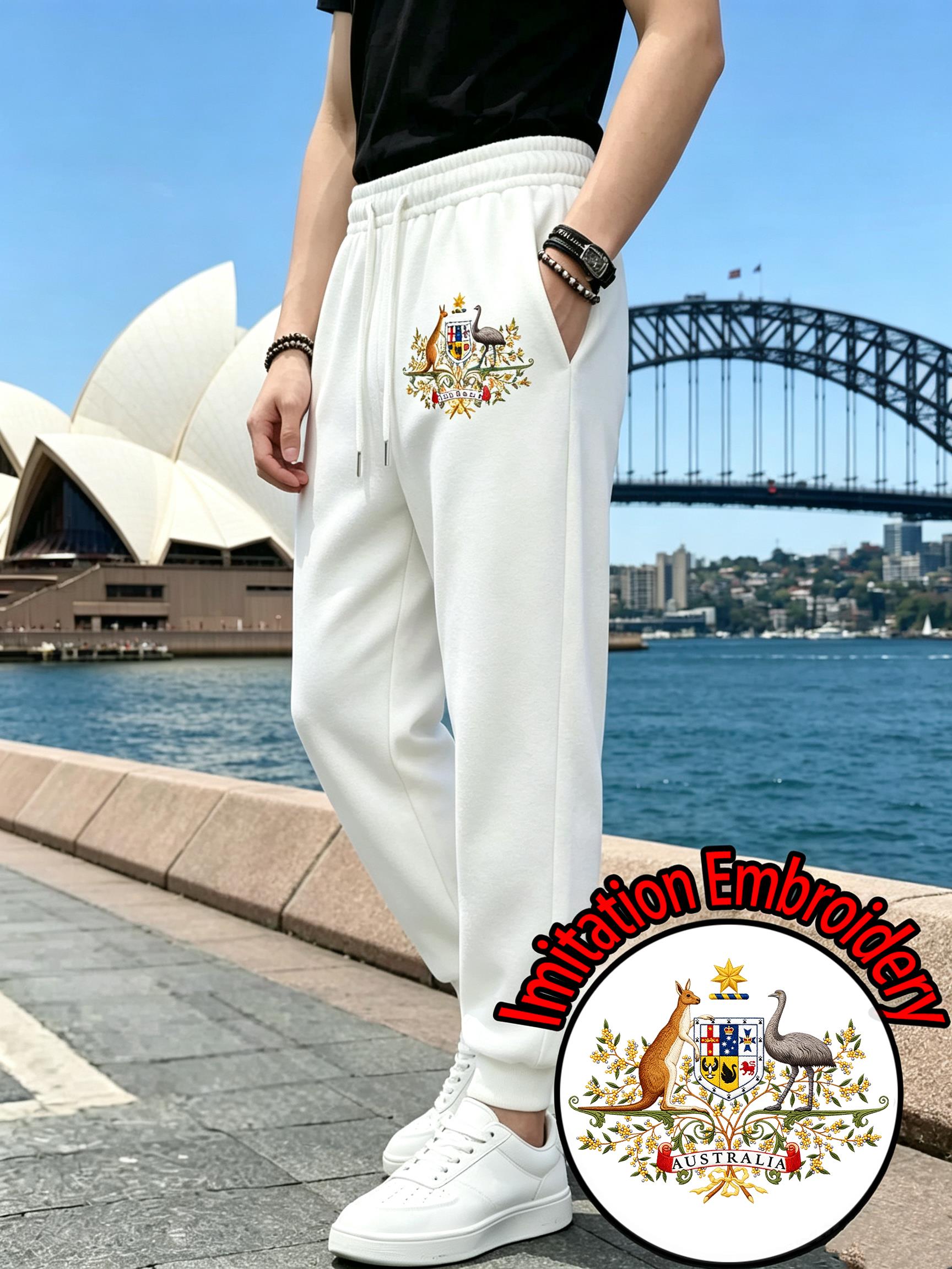 Winter Clothing Australia - オーストラリア風刺繍プリントのメンズスウェットパンツ、ドローストリング付きジョギングパンツ、カジュアルなポケット付き、フリース素材、秋用のズボン。