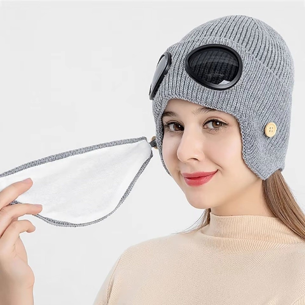 Winter Clothing Earmuffs - フリース裏地付き暖かいウール帽子、マスク付きニット帽、韓国風ニット帽、衣料品アクセサリー、パイロットメガネ、イヤーマフ、キャップ