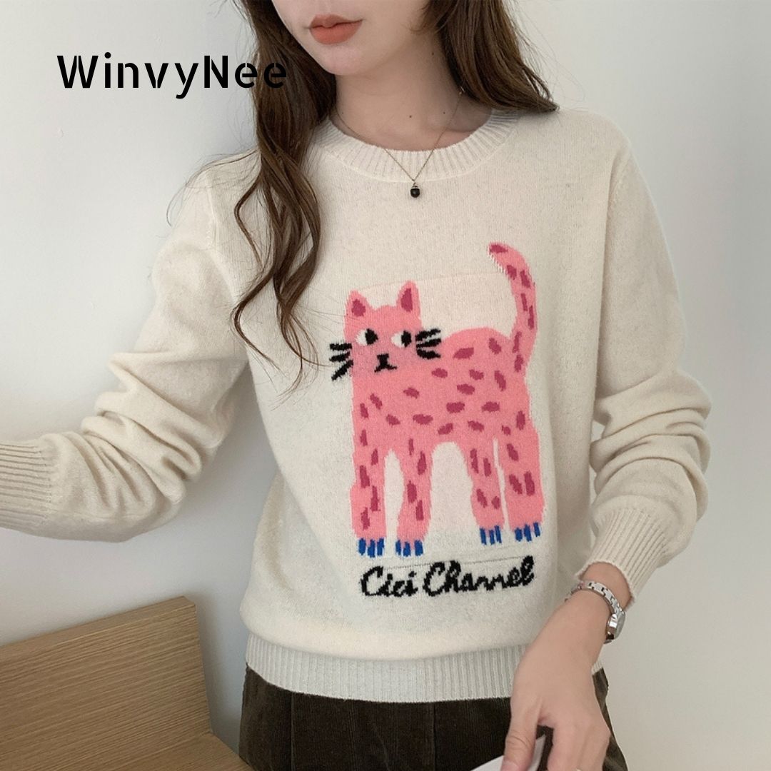 Winter Clothing Patterns - WinvyNee 女性服メリノウール長袖ルーズ O ネック猫柄カジュアルニットプルオーバートップス暖かい冬 A1523050