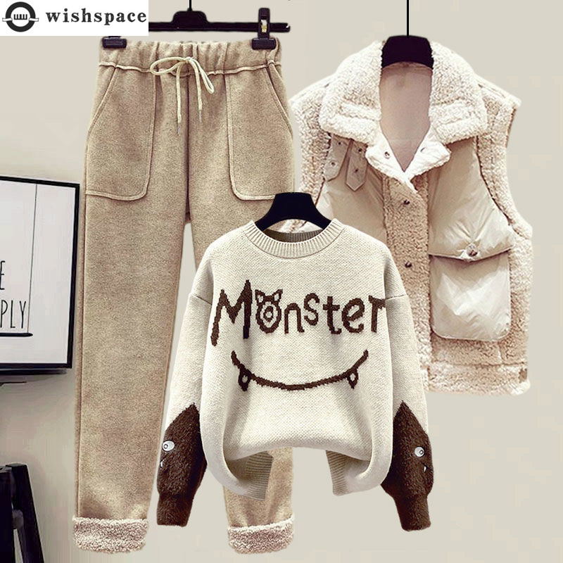 Winter Clothing Sale - 2024 冬の新カシミヤベストコート刺繍ニットセーターカジュアルパンツスリーピースエレガントな女性のパンツセット衣装