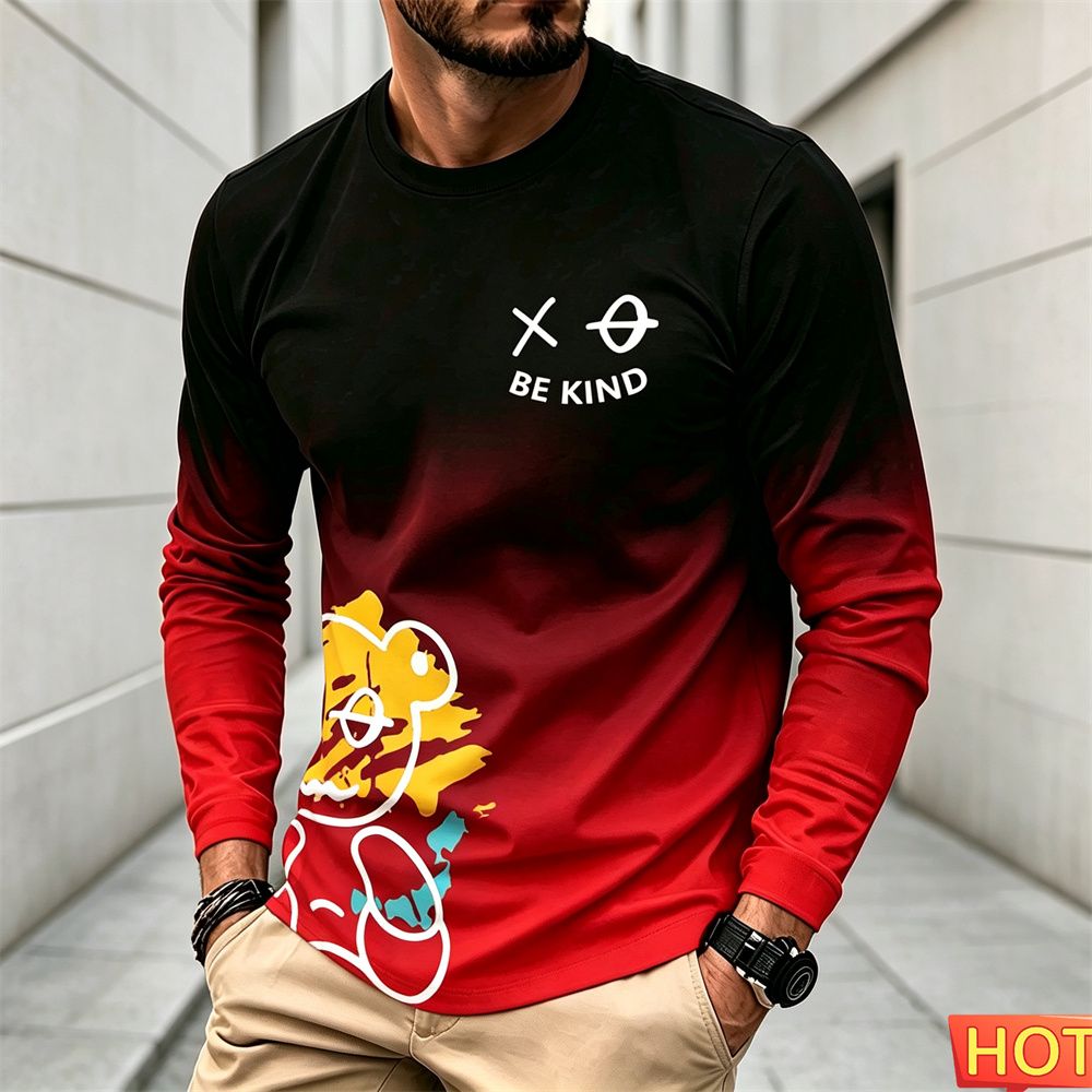 Winter Clothing Patterns - メンズ秋冬カジュアル長袖Tシャツ、漫画柄、ラウンドネックTシャツ、コットン製快適なメンズY2Kファッションウェア