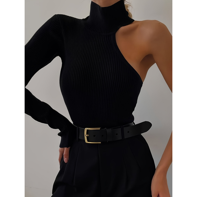 Winter Clothing For Woman - ソリッドアシンメトリーワンショルダーリブニット長袖ボディスーツ、セクシーな秋冬ワンピースボディスーツ、レディース服
