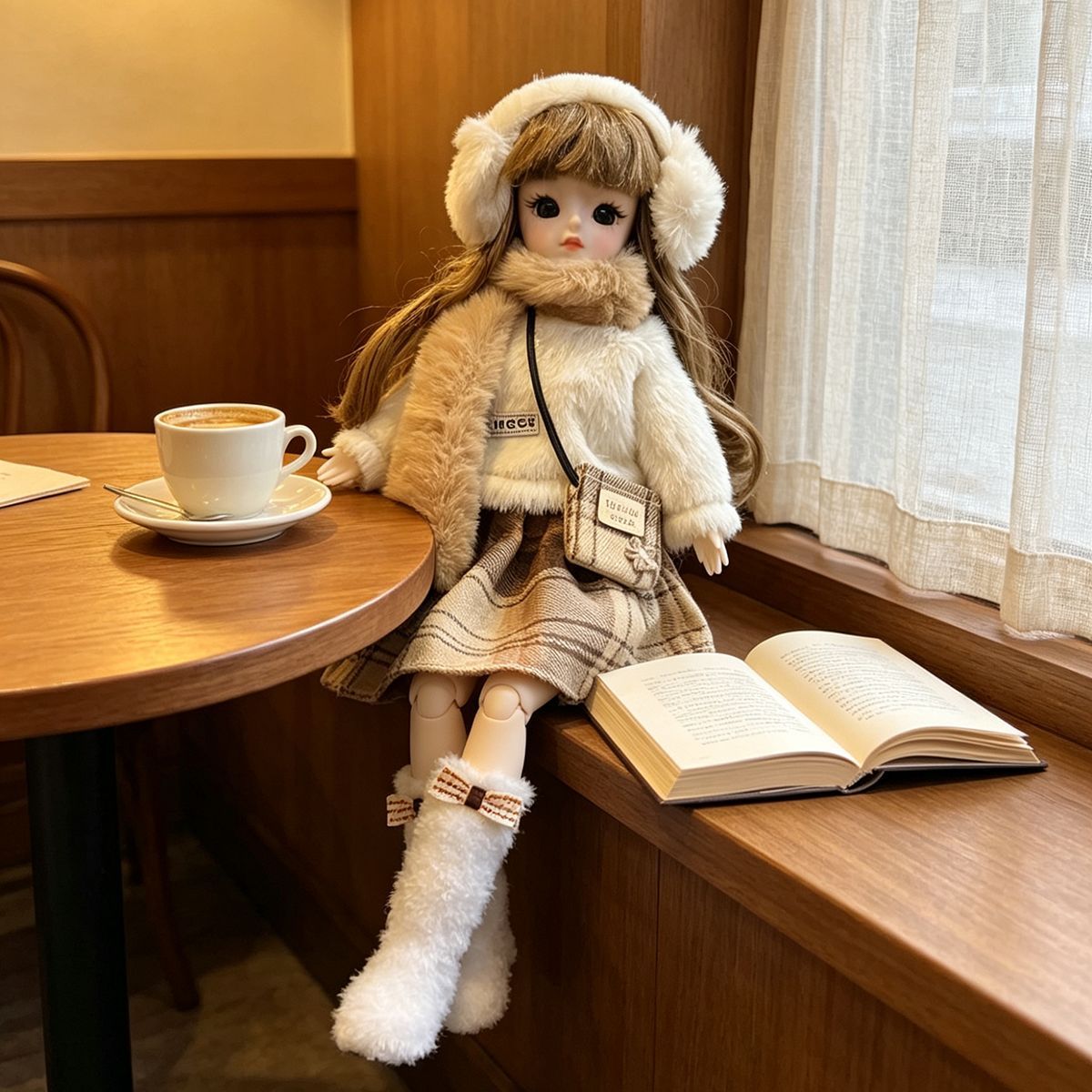 Winter Clothing Earmuffs - 冬用ふわふわBJDドール服1/6スケールぬいぐるみイヤーマフコート格子柄スカートスカーフブーツバッグ付き完全服セット女の子ドール服
