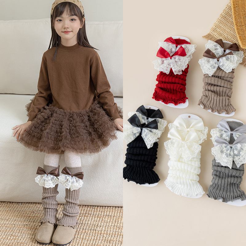 Winter Clothing Leg Warmers - レースリボンレッグウォーマー 女の子用 秋冬 バレエスタイル ロリータ ニーウォーマー