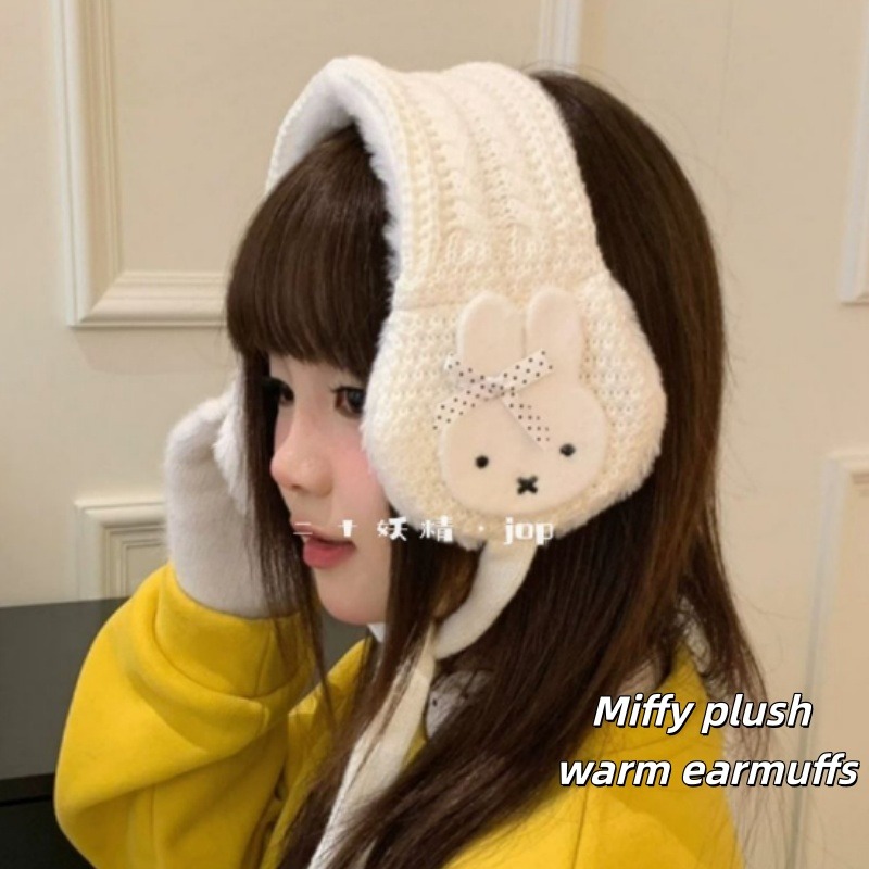 Winter Clothing Earmuffs - ミッフィーのぬいぐるみニットイヤーマフ、女性用冬用暖かい耳あて（紐付き）