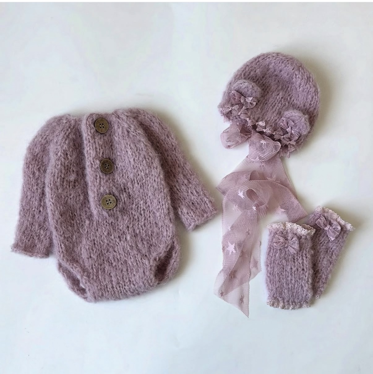Winter Clothing Baby Girl - 新生児の女の子用ニットロンパース、帽子、手袋セット、パープルレースリボン、プリンセス写真撮影用小道具、幼児用冬用防寒服