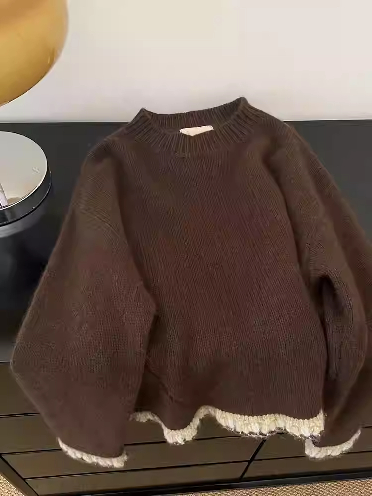 Winter Clothing Factory Outlet - 女性のブラウンパッチワークプルオーバーセーター原宿ヴィンテージ韓国 Y2k 長袖 O ネックオーバーサイズセータージャンパー 2000