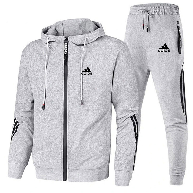 Winter Clothes - 春・秋メンズトラックスーツセット 長袖フーディー＋ジョギングパンツ 2ピース フィットネス ランニングスーツ スポーツウェア