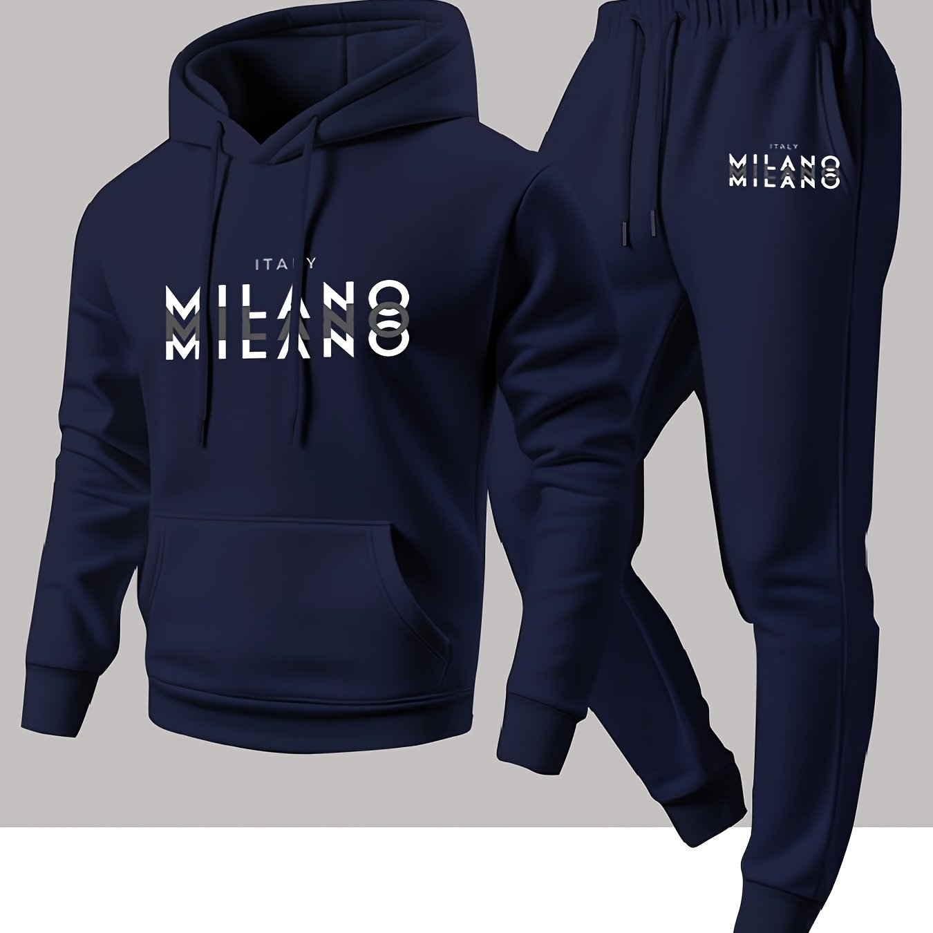 Winter Clothing Patterns - トレンディなメンズイタリアンミラノレターパターンフード付きスウェットシャツとアスレチックパンツのカジュアルスポーツセット メンズ衣料セット