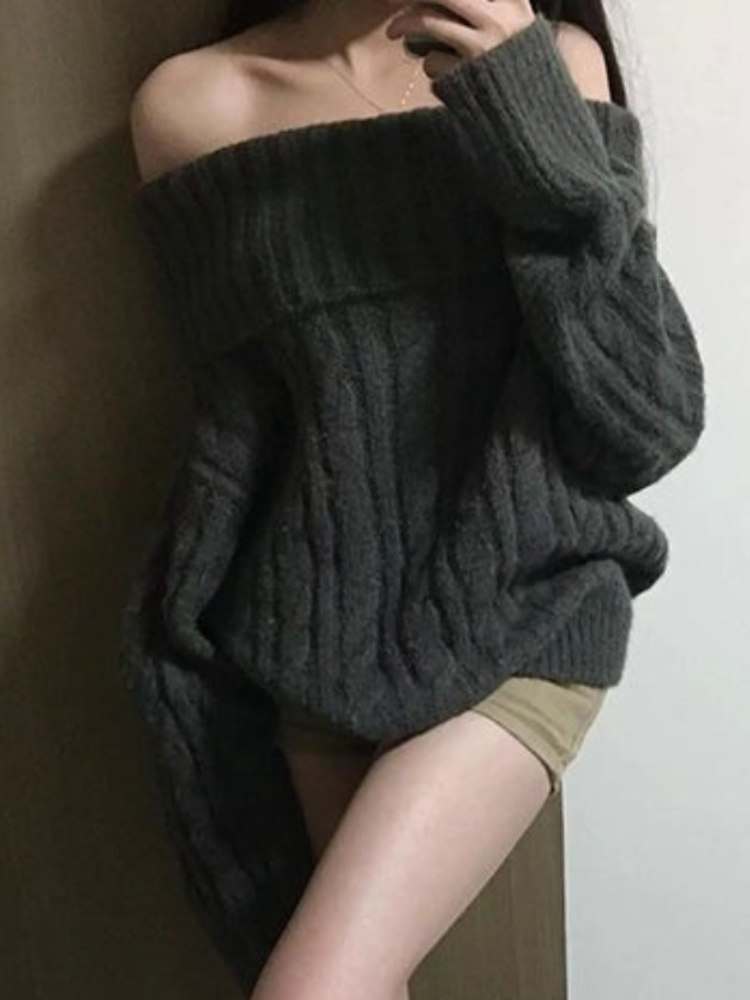 Winter Clothing Factory Outlet - フレンチデザイングレーオフショルダーニットセーター女性特大シックな固体アウター Y2k トップスファッション韓国人気の服新しい