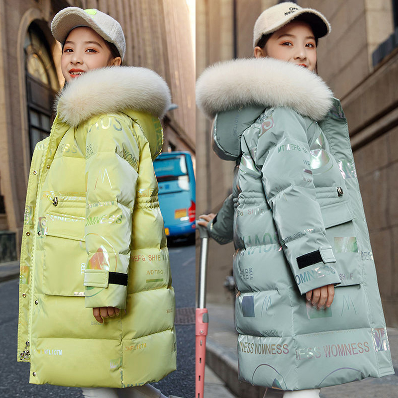 Winter Clothing Toddler - 5〜14歳の女の子用の毛皮の襟付きの暖かい冬のジャケット,長いパーカスタイル,フード付き,ジッパー,アウターウェア,クリスマスウェア
