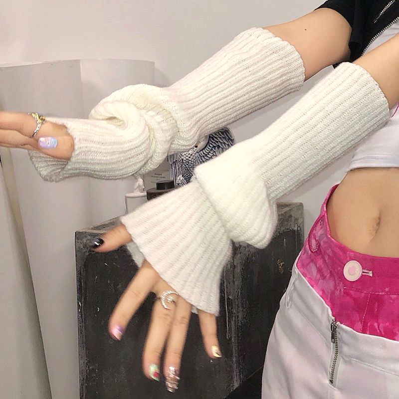Winter Clothing Leg Warmers - 2023 女性冬ニット冬 40 センチメートルアームスリーブ日本白黒ゴスかわいい指なし手袋レッグウォーマー原宿ストッキング