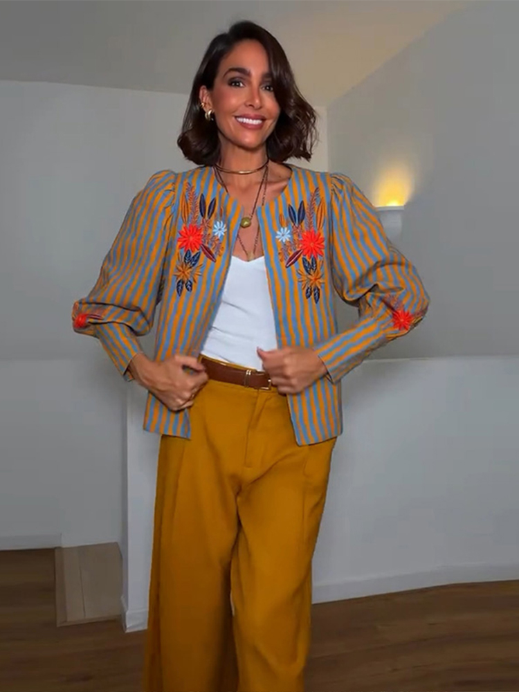 Winter Clothing For Woman - 2026年初秋ストライプフラワー刺繍ジャケットラウンドネック長袖ルーズコートカジュアル新作デイリーレディース服