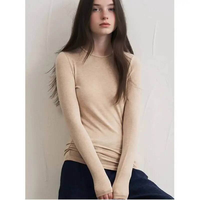 Winter Clothing For Woman - レディースカシミヤ混紡長袖トップス 秋冬用 ソフトモーダルストレッチ スリムフィット ラウンドネック ベーシックレイヤリングニットTシャツ