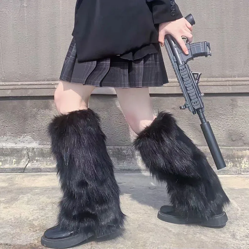 女性の人工毛皮レッグウォーマー日本ロリータ秋と冬黒と白のニッ - Winter Clothing Leg Warmers のレビューと価格