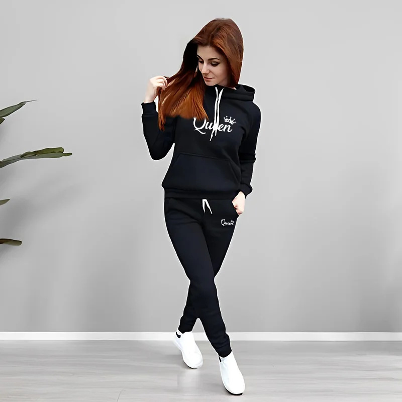 レディーストラックスーツ クイーンレタープリント フード付き - Winter Clothing For Woman のレビューと価格