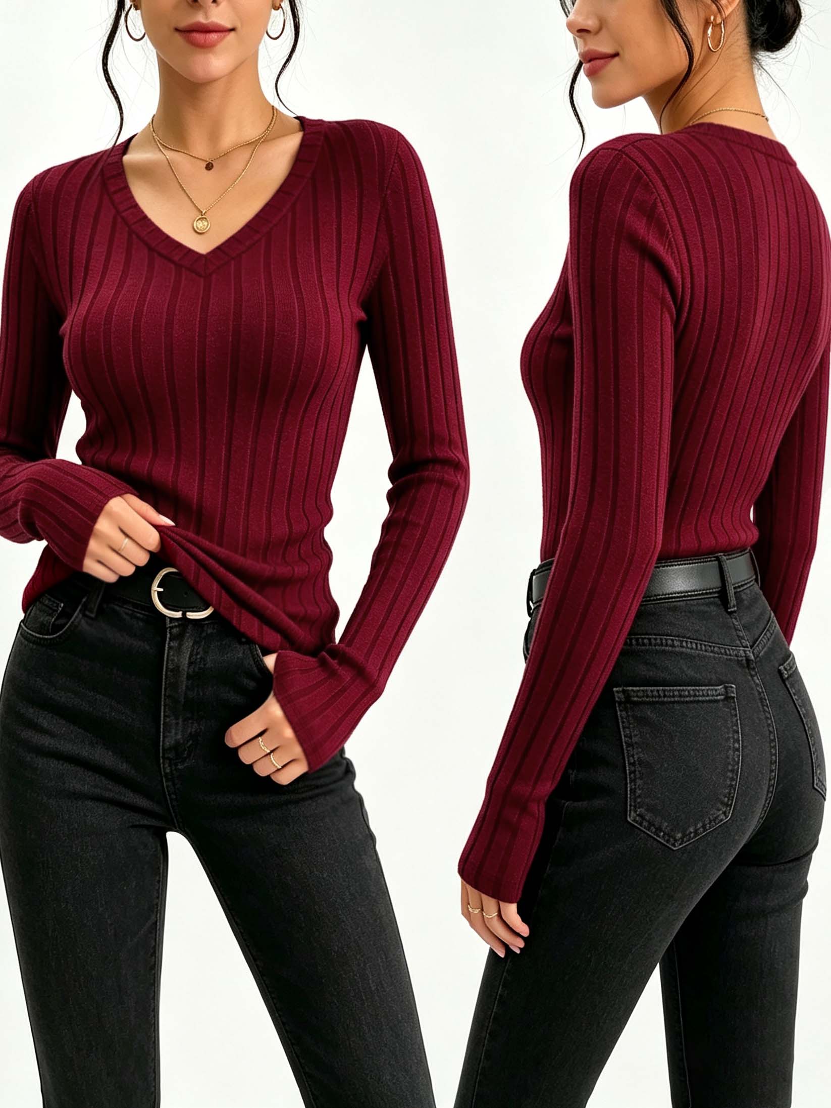 レディース無地Vネックリブニットトップ、スリムフィットストレ - Winter Clothing For Woman のレビューと価格