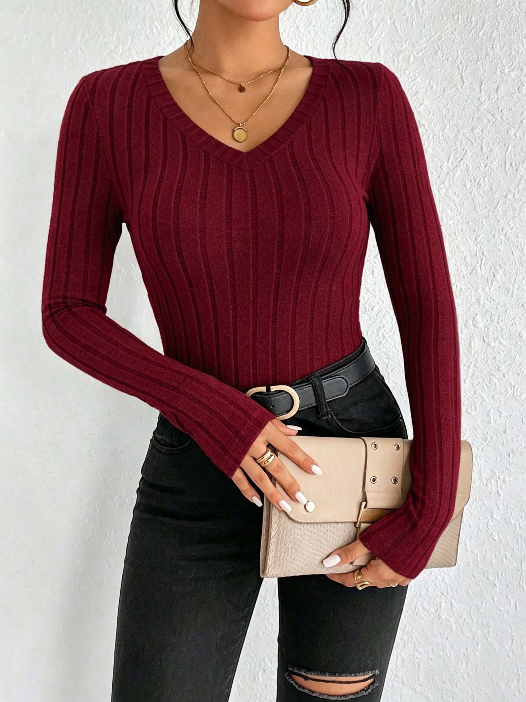 レディース無地Vネックリブニットトップ、スリムフィットストレ - Winter Clothing For Woman のレビューと価格