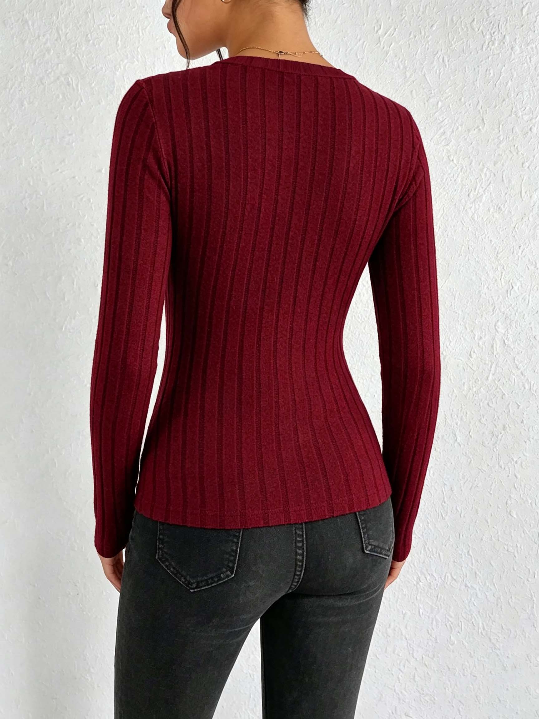 レディース無地Vネックリブニットトップ、スリムフィットストレ - Winter Clothing For Woman のレビューと価格