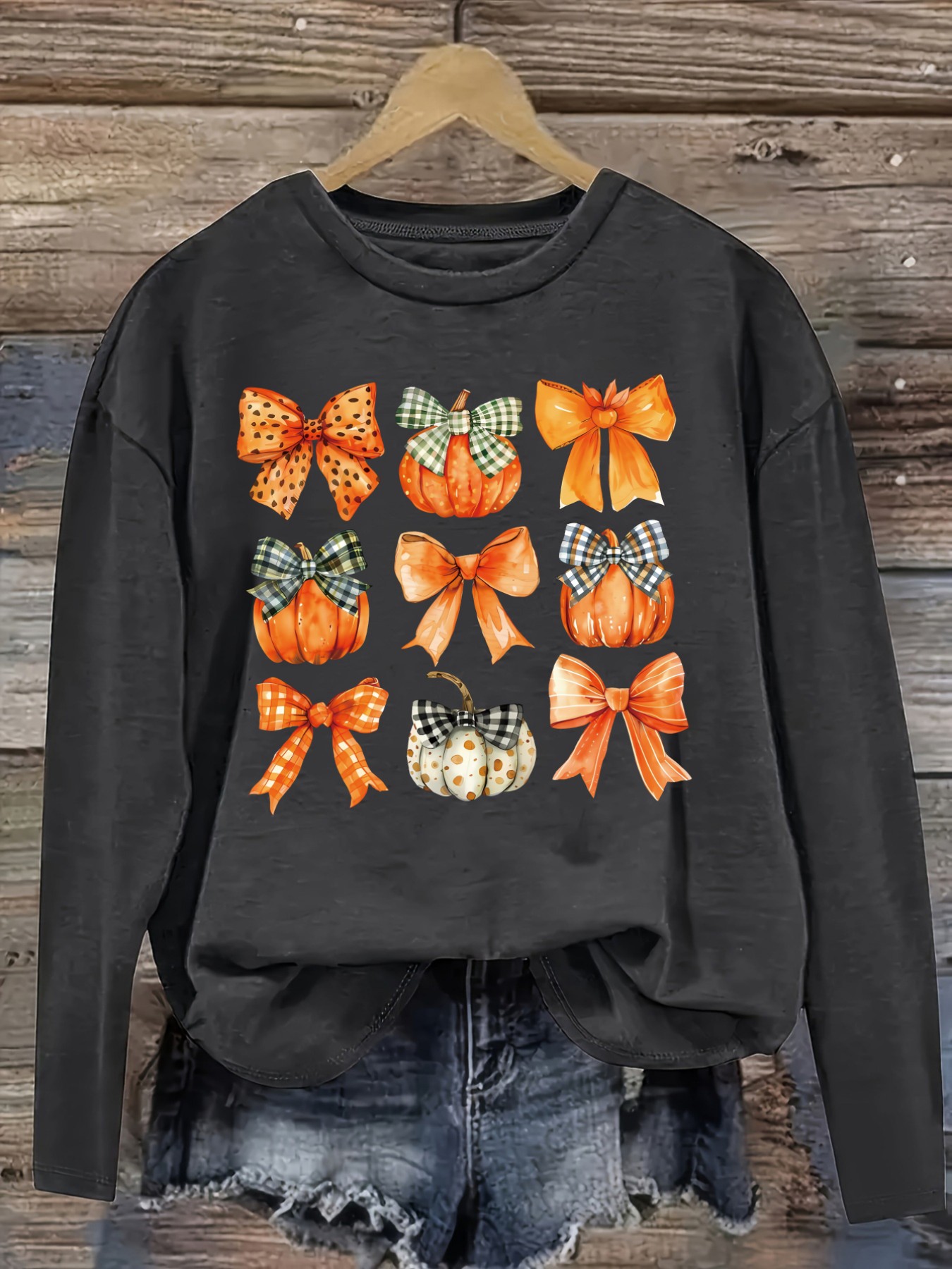 レディースカジュアル長袖クルーネックTシャツ、カボチャとリボ - Winter Clothing Patterns のレビューと価格