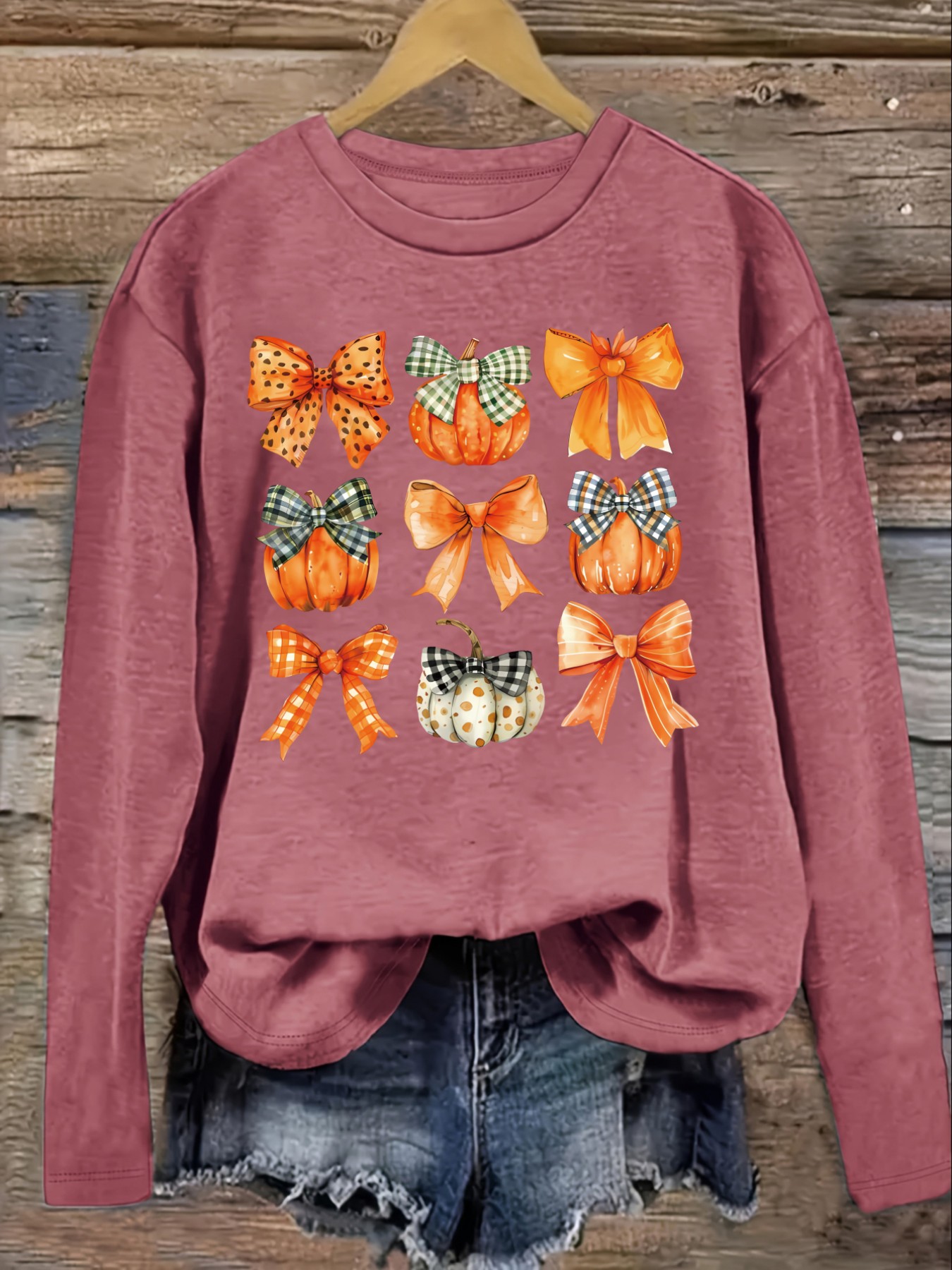 レディースカジュアル長袖クルーネックTシャツ、カボチャとリボ - Winter Clothing Patterns のレビューと価格