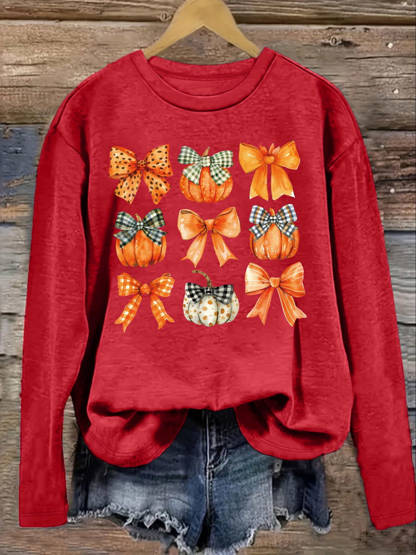 レディースカジュアル長袖クルーネックTシャツ、カボチャとリボ - Winter Clothing Patterns のレビューと価格