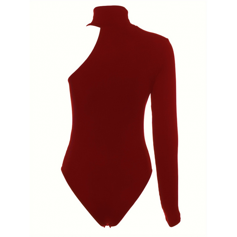 ソリッドアシンメトリーワンショルダーリブニット長袖ボディスー - Winter Clothing For Woman のレビューと価格