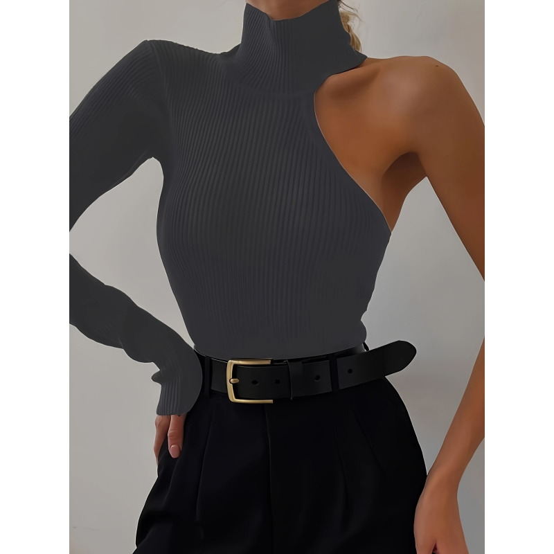 ソリッドアシンメトリーワンショルダーリブニット長袖ボディスー - Winter Clothing For Woman のレビューと価格