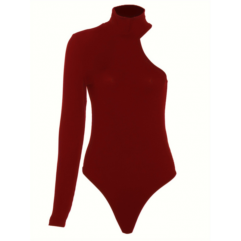 ソリッドアシンメトリーワンショルダーリブニット長袖ボディスー - Winter Clothing For Woman のレビューと価格