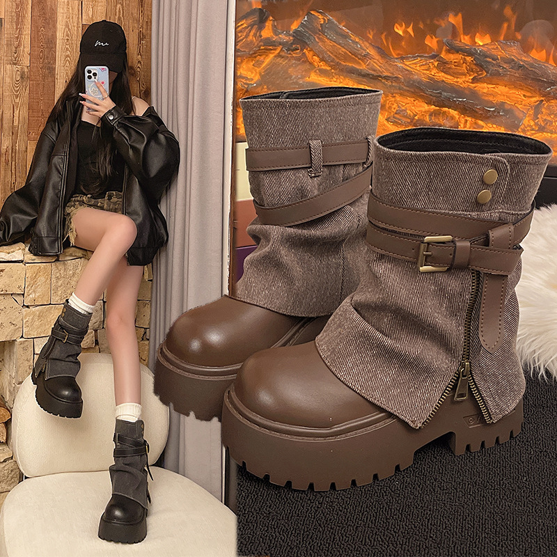 女性のためのアンクルブーツカウボーイフラットプラットフォーム - Winter Clothing For Woman のレビューと価格