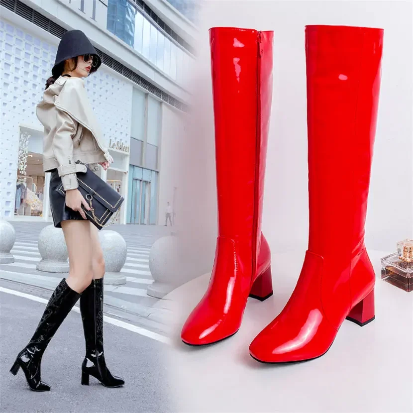 女性のための赤と白のパテントレザーニーハイブーツ,ブロックヒ - Winter Clothing For Woman のレビューと価格