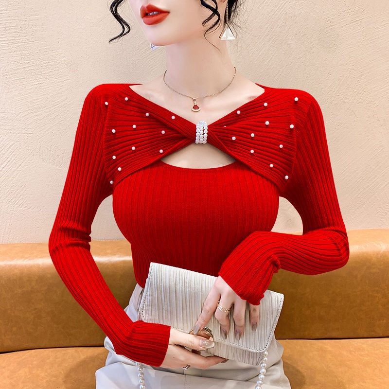 女性用Vネック刺繍長袖ニットトップス、単色ボウセーター、プル - Winter Clothing Factory Outlet のレビューと価格