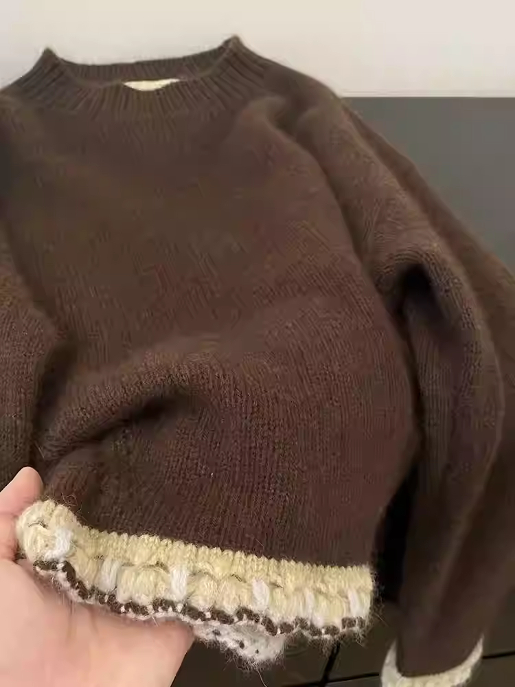 女性のブラウンパッチワークプルオーバーセーター原宿ヴィンテー - Winter Clothing Factory Outlet のレビューと価格