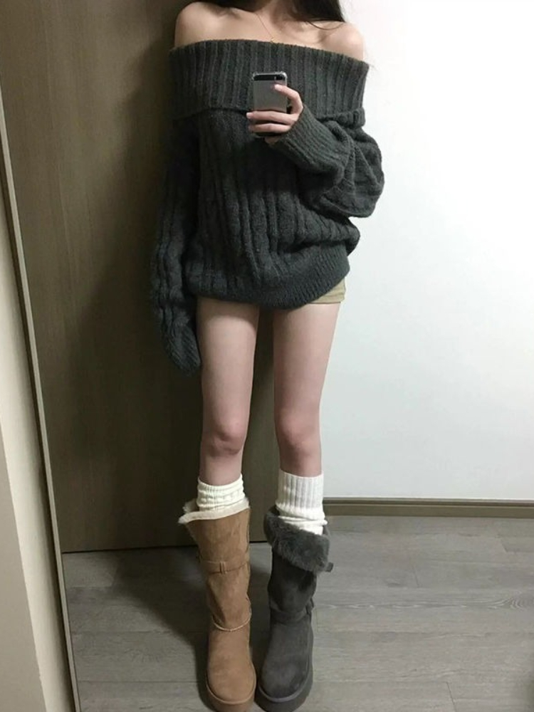 フレンチデザイングレーオフショルダーニットセーター女性特大シ - Winter Clothing Factory Outlet のレビューと価格