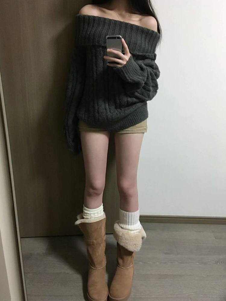 フレンチデザイングレーオフショルダーニットセーター女性特大シ - Winter Clothing Factory Outlet のレビューと価格