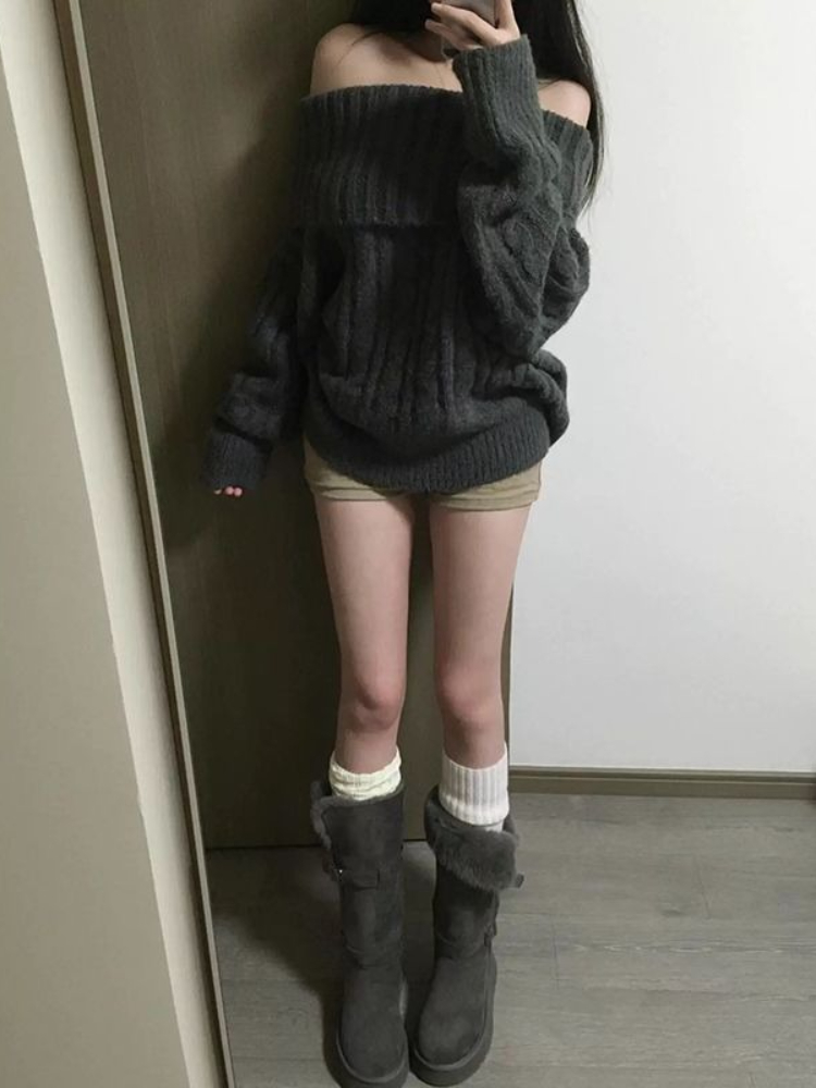 フレンチデザイングレーオフショルダーニットセーター女性特大シ - Winter Clothing Factory Outlet のレビューと価格