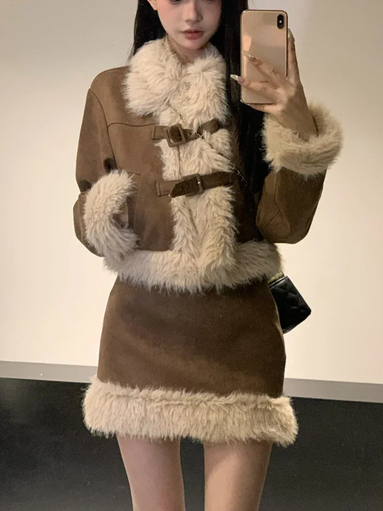秋のレトロ風フェイクファー2ピーススカートセット レディース - Winter Clothing Sale のレビューと価格