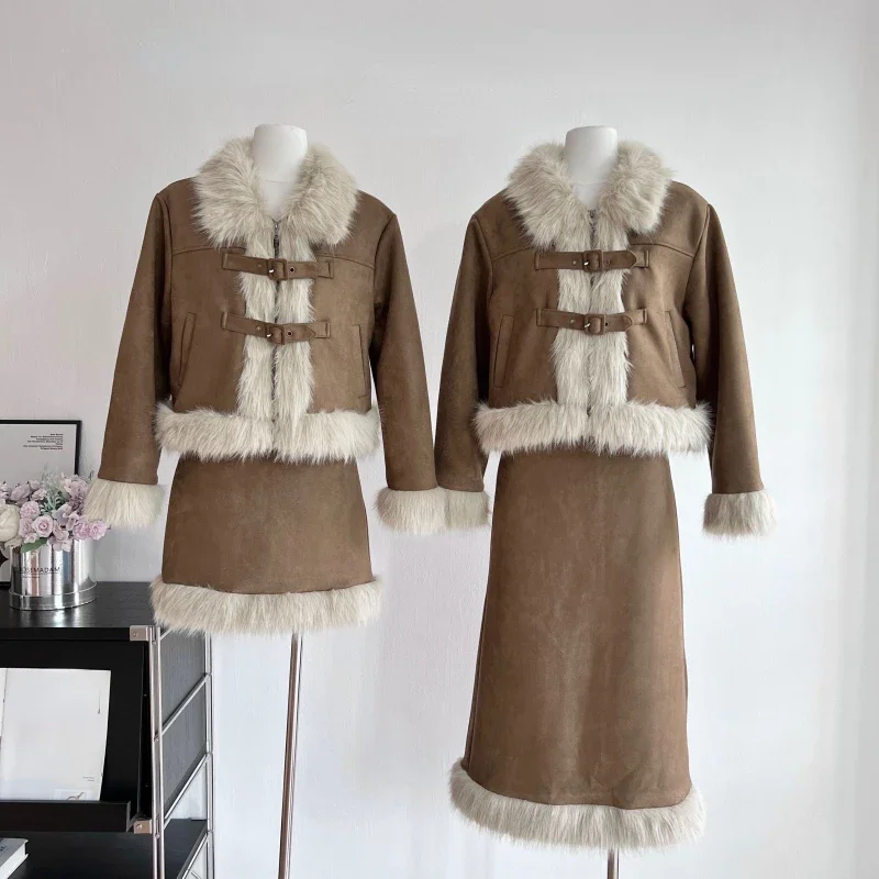 秋のレトロ風フェイクファー2ピーススカートセット レディース - Winter Clothing Sale のレビューと価格